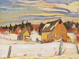 Ralph Wallace Burton, Barns in Winter, Ste. Cecil de Maslow, Quebec, oil on wood board