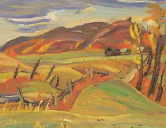 Ralph Wallace Burton, Untitled - Fall Country Side / Barns in the Fall, oil on wood board