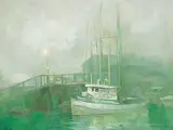Orestes de Grandmaison, Untitled - Boat Through the Mist, oil on canvas board