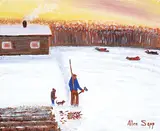 Untitled - I Have to Work While My Brothers Play by Allen Sapp, acrylic on canvas, sold Nov 2017