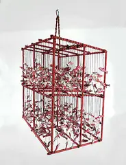 Rupert Scow, Salmon Rattle, painted wood and string hanging sculpture