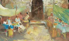 Ramon Kelley, Market at Tepoztlan, Mexico, 1979, oil on paper board