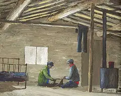 Allen Sapp, Fixing a Harness, 1976, acrylic on canvas