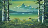 Levine Flexhaug, Untitled - Green Lake with Mountains, oil on wood board