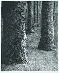 Jo Manning, Wood Lot XI Standing Forms #2/75, 1980, etching on paper