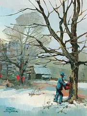 Peter Etril Snyder, Gathering Maple Syrup, oil on paper board