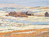 William Duma, Farm Buildings, acrylic on canvas board