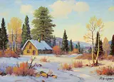 Log Cabin by Roland Gissing, oil on canvas board, sold Apr 2017