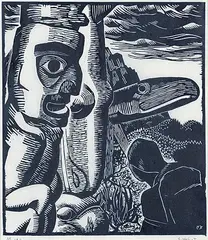 Edwin Holgate, Totem Poles No. 3 #14/18, 1926, wood engraving on paper