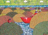 Ferdinando Nichola Spina, Red Ship Visiting House, Pond Inlet, Summer, Baffin Island, 2008, acrylic on canvas board