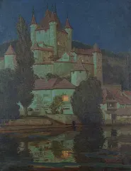 The Chateau at Thun [Moonlight] by Frederick Mariott, oil on canvas, sold Apr 2017