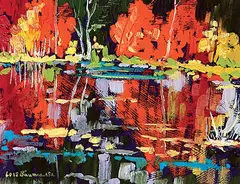 Lois Bauman, Redwood Meadows - Reflections, oil on wood board