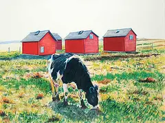 Gary Olson, Grazing Cow and Four Red Sheds, 1980, watercolour, graphite and colour pencil on paper