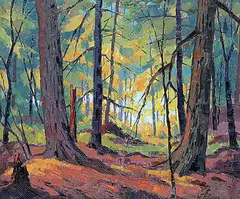 William Parsons, Through the Woods To the Lake At Lake Boshkung, 1977, oil on wood board
