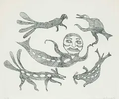 Johnniebo Ashevak, Untitled - Sedna and Animals #17/50, 1962, etching on paper