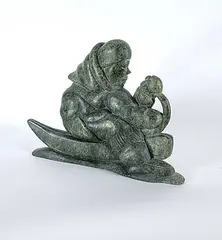 Noah Echalook, Untitled - Building the Kayak, light green and grey stone carving