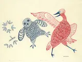 Agnes Nanogak, Owl and Crane #11/50, 1974, colour relief print on paper