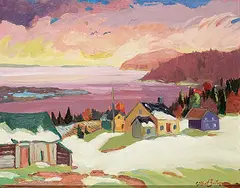 Gilbert Breton, Vu des E'boulements sur L'ite-Aux-Coutres, Charlevoix Que., acrylic on wood board