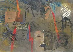 Ghitta Caiserman-Roth, Untitled - Masks for the Ball, mixed media on paper