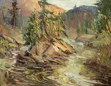 Lois Eastman-Coates, Islet on Little Castor River near St. Marguerite P.Q., oil on canvas board