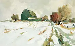 Douglas Ferguson Elliott, Untitled - A Snowy Road to the Farm, oil on wood board
