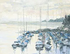 Marlene Evans, Untitled - Sailing Ships in the Harbour, acrylic on wood board