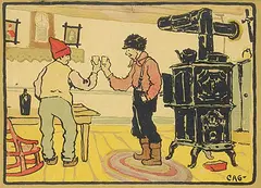 Clarence Gagnon, A Votre Sante, 1913, hand coloured block print on paper