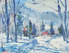 Noel Hollier, Untitled - Winter Cabin, oil on wood board