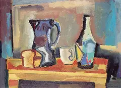 Maxwell Bennett Bates, Still Life with Table, oil on wood board