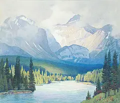 Frederick Henry Brigden, Mountains and River, watercolour on paper