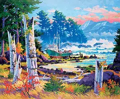 . St. Gilles, Totem Poles, Gwai Haanas Nat. Park, Queen Charlotte Islands, oil on canvas