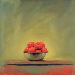 Tomatoes by Les Thomas, 1997, oil on wood board, sold Nov 2016