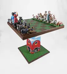 Victor Tiede, Untitled - Saskatchewan Chess Set Table, painted wood carvings and table