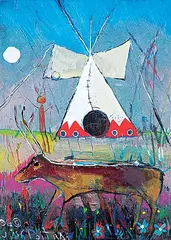 Jane Ash Poitras, Shaman Outside My Teepee, 1996, mixed media on wood board