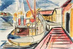 Fritz Brandtner, Untitled - Tug Boat at Dock, watercolour and ink on paper