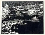 Thomson River #9/50 by Margaret Shelton, 1943, lino block on paper, sold Nov 2016
