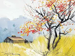 Untitled - Red Trees by the Barn by Tinyan Chan, oil on canvas, sold Nov 2016