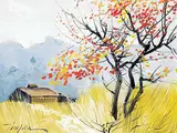 Tinyan Chan, Untitled - Red Trees by the Barn, oil on canvas