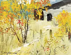 Untitled - Yellow Trees by the Barn by Tinyan Chan, oil on canvas, sold Nov 2016