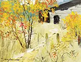 Tinyan Chan, Untitled - Yellow Trees by the Barn, oil on canvas