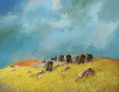 Milton Achtimichuk, Untitled - Stampeding Buffalo, oil on canvas