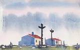 Robert Genn, Untitled - Indian Village at Sunset, watercolour on paper