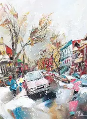 Albini Leblanc, Bourrasque - Rue Jeanne-Mance, Montreal, acrylic on canvas