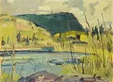 George Lorne Holland Bouchard, Lake in Summer, Northern Ontario [Cobalt] August 1951, 1951, oil on wood board