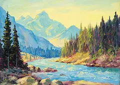 George Fletcher, Untitled - River in the Rockies, oil on wood board