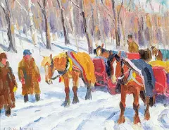 John Douglas Lawley, Untitled - Working Horses in the Snow, Parc du Montreal, oil on canvas board