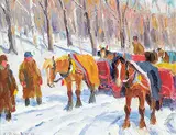 John Douglas Lawley, Untitled - Working Horses in the Snow, Parc du Montreal, oil on canvas board