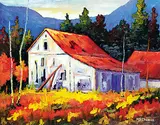 M. Shirley Thomas, Untitled - Red Roof in the Foothills, oil on wood board