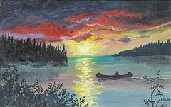 Elmay Crow, Untitled - Canoeing at Sunset, oil on wood board