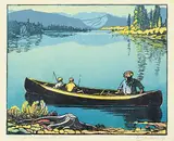Fishing on the Bow #53/100 by Margaret Shelton, 1945, lino block in six colours on paper, sold Dec 2015